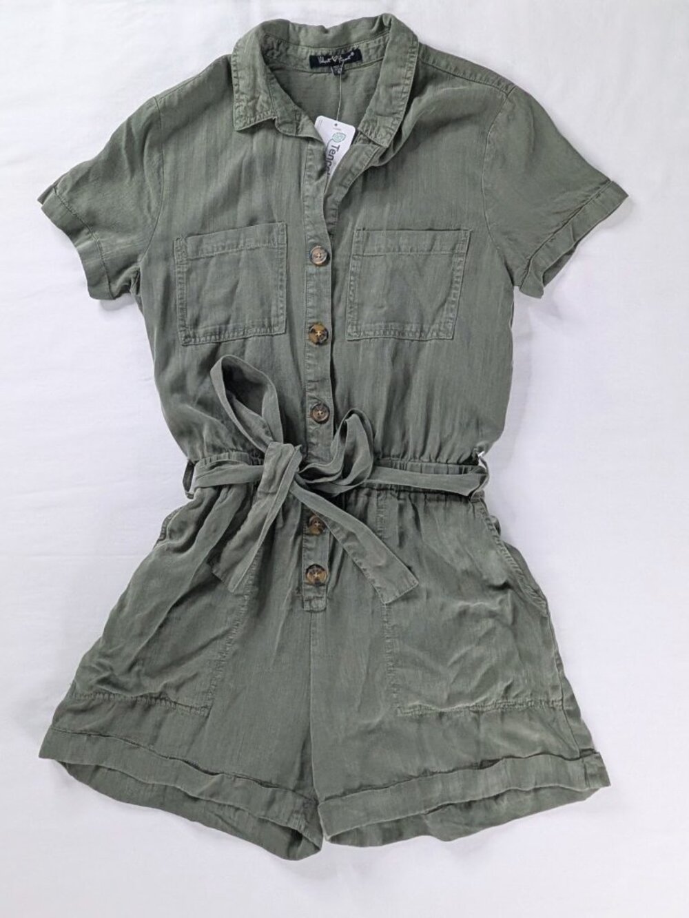 Army Green Tortoiseshell Button Up Belted Stretch Tencil Short Sleeve Romper NEW